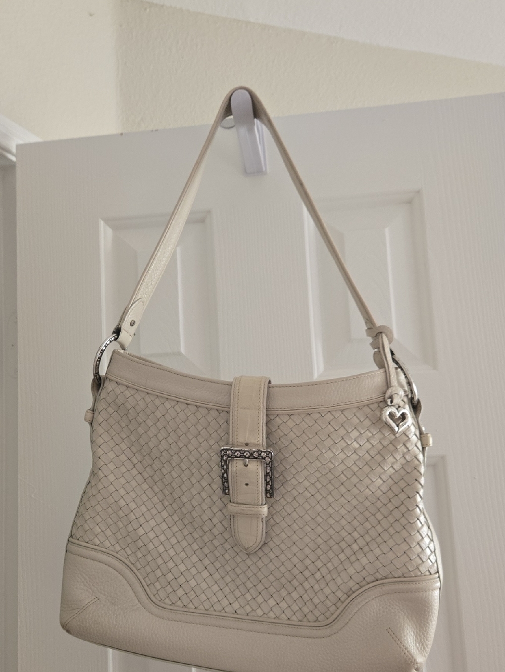Brighton Cream Woven Shoulder Bag with Decorative Buckle